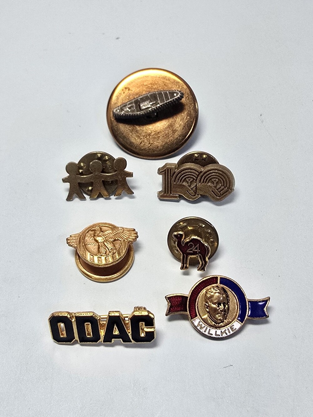Vintage Lot Of 7 Brass Lapel Pins Military WWII,United Way,Sobriety,Athletic
